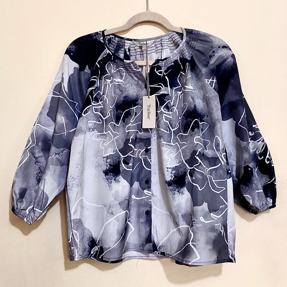 NWT Tucker The Classic Cotton Silk Button-Down Blouse Watercolor Print MSRP$295